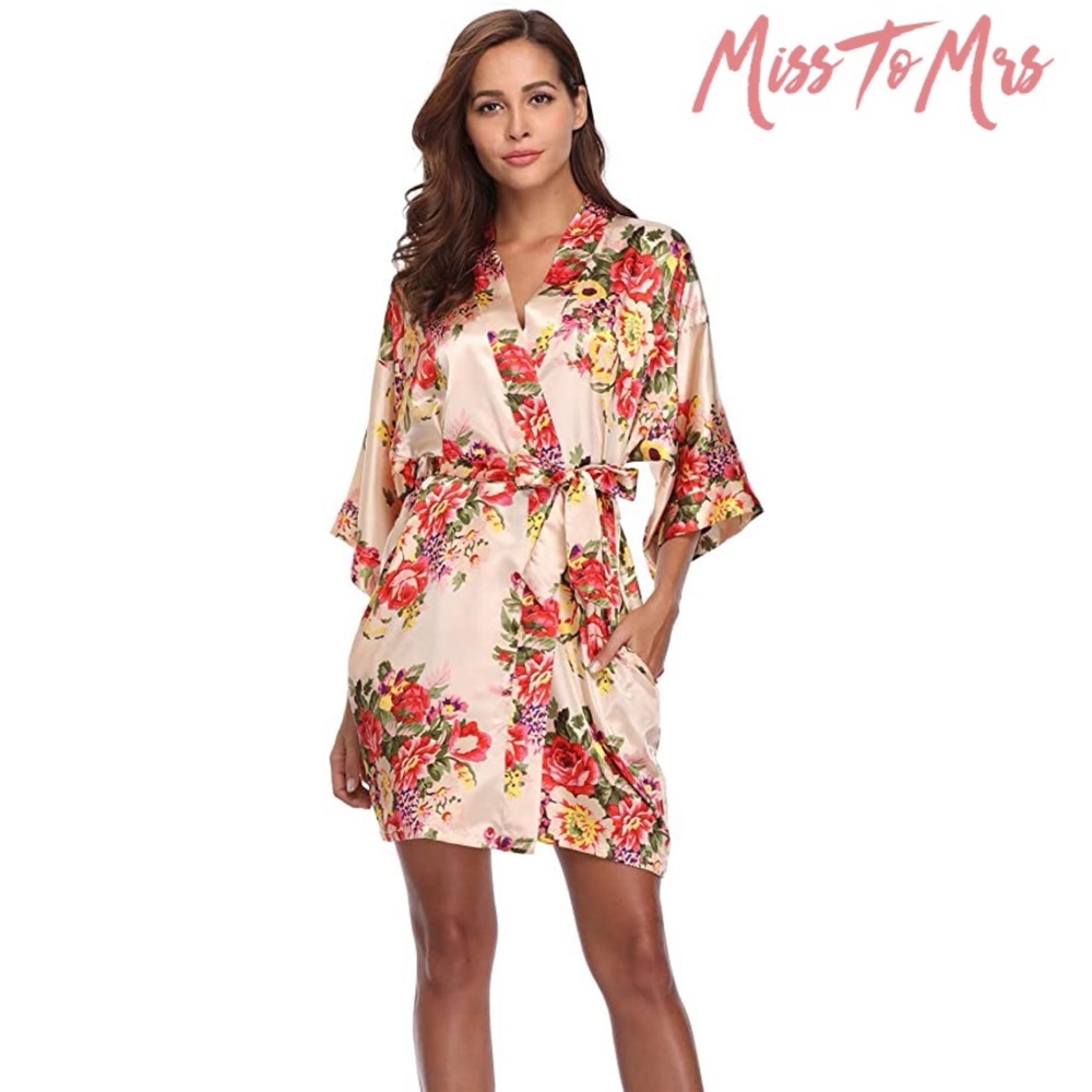 Miss to Mrs Pink Silk Floral Robe